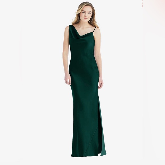 Dessy Group asymmetrical one-shoulder cowl maxi slip dress in evergreen - Picture 1 of 4